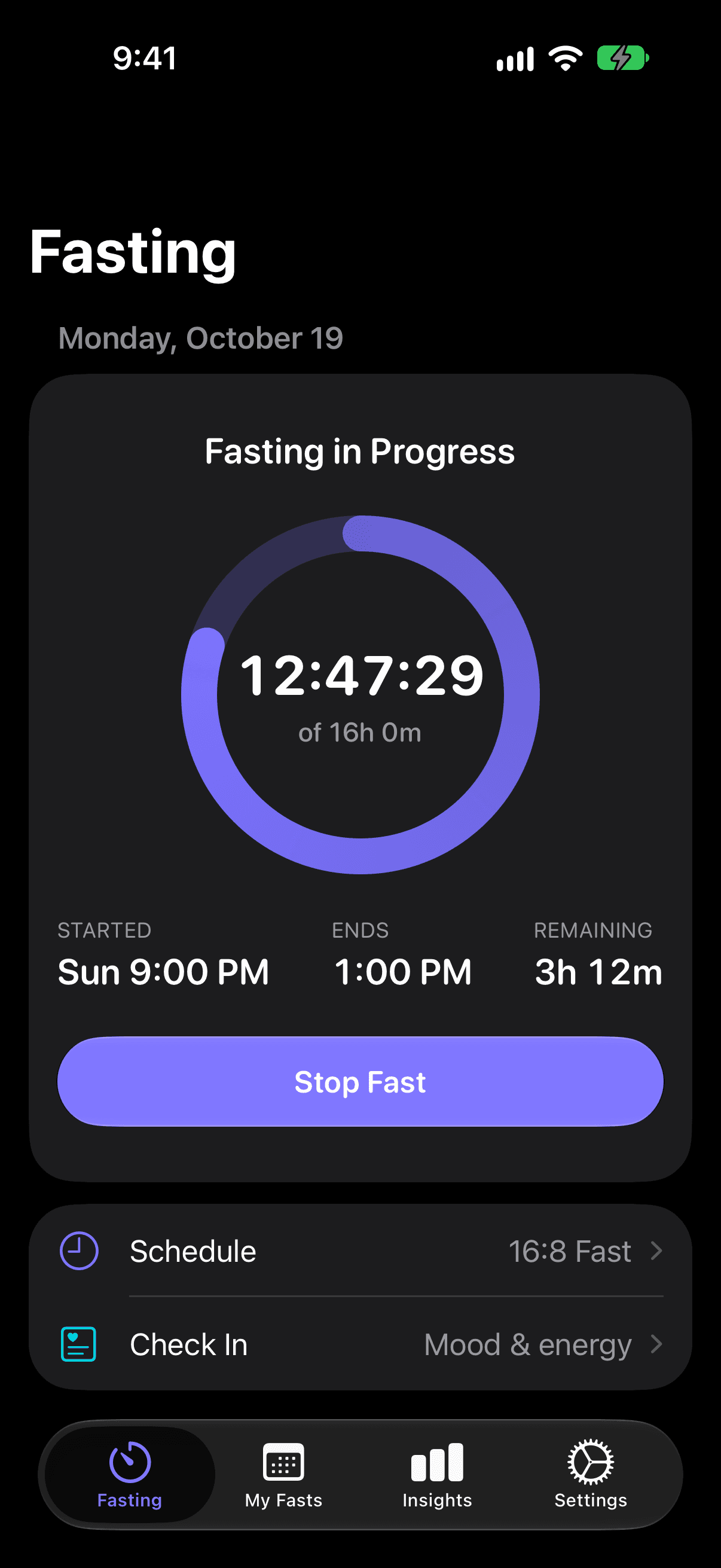 Cadence's Fasting screen: a 16:8 fast at 12 hours 47 minutes, started Sunday at 9:00 PM and ending at 1:00 PM, with 3 hours 12 minutes remaining.