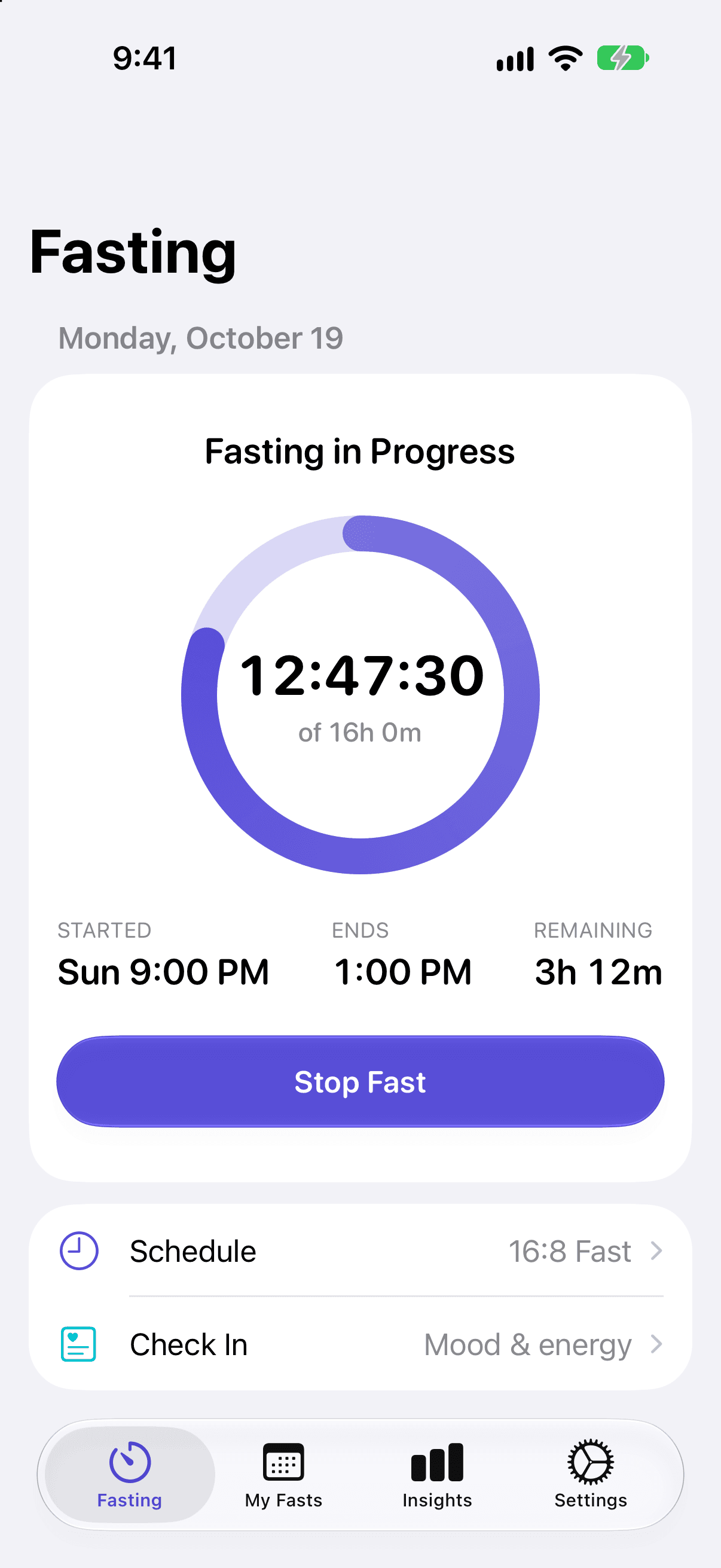 Cadence's Fasting screen: a 16:8 fast at 12 hours 47 minutes, started Sunday at 9:00 PM and ending at 1:00 PM, with 3 hours 12 minutes remaining.